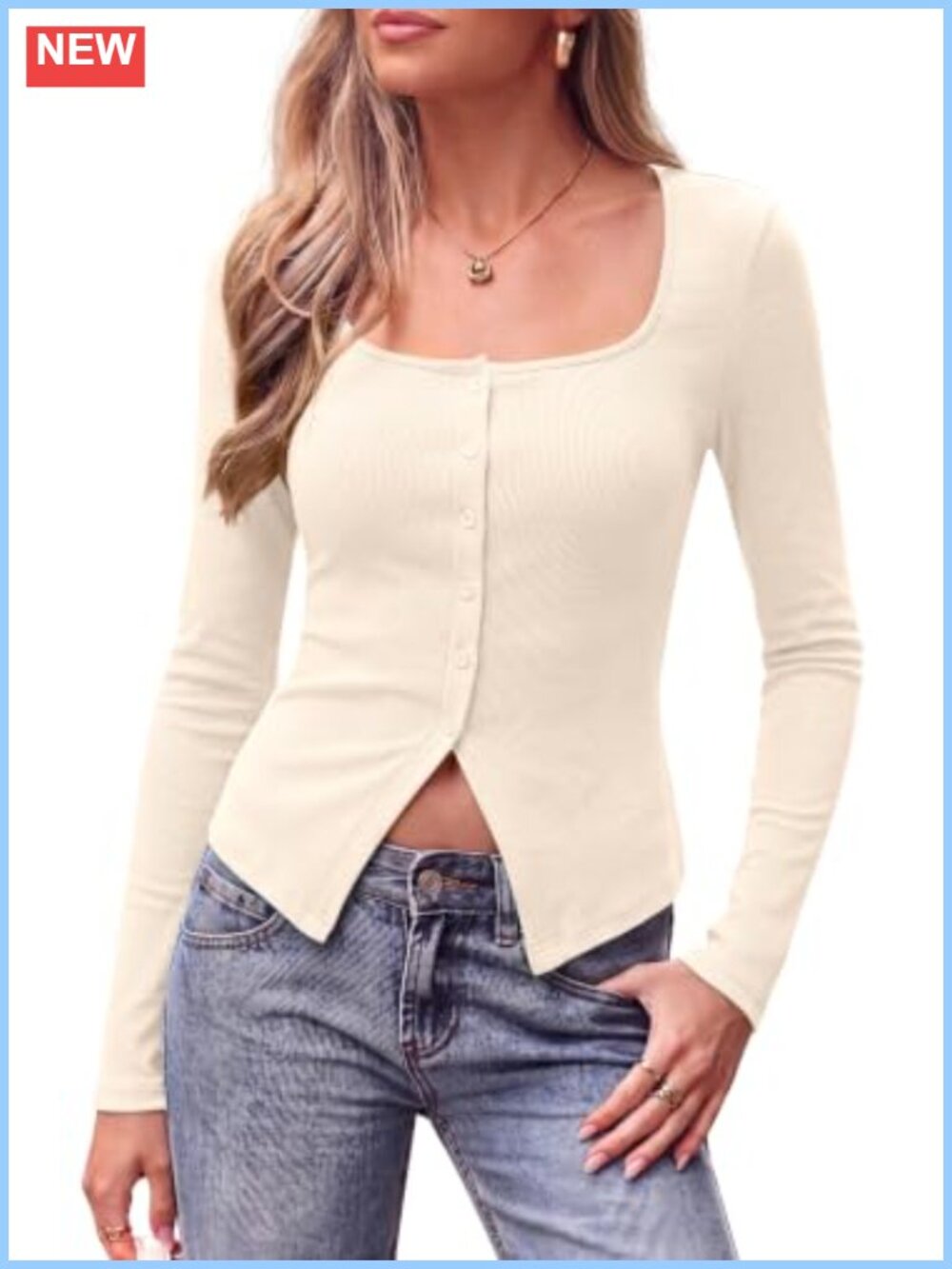 Women Ribbed Long Sleeve Button Cardigan Square Neck Fitted Top